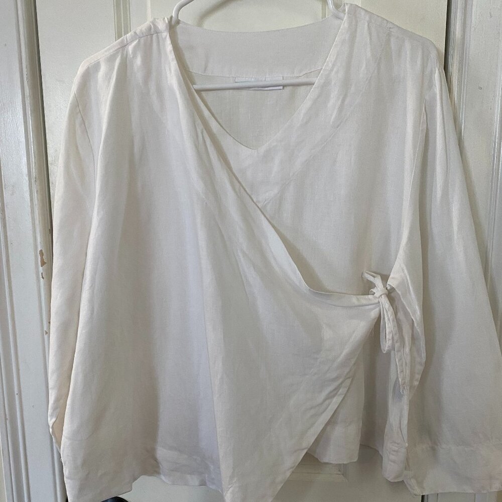 bryn Walker White Wrap-Style Linen Blend Blouse